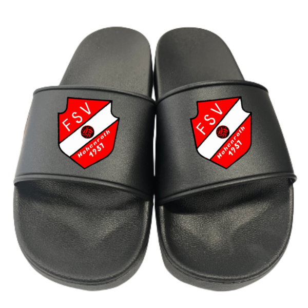 Badeschuhe Badelatschen schwarz mit Vereinslogo