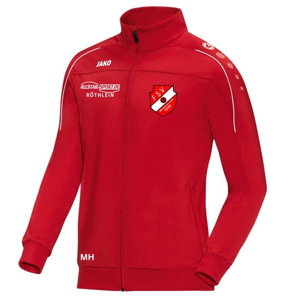 Jacke in rot mit pcboot Logo und Initialen
